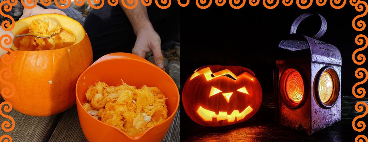 Lightning Jack O Lantern and A Photo Showing a Process of Getting the Pulp of the Pumpkin