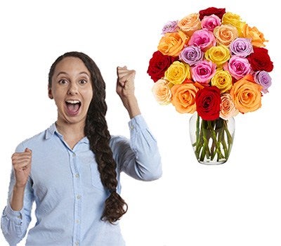 A girl celebrating a sale promotion of the flower arrangements