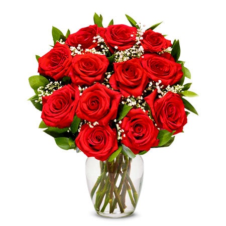 A Bouquet of 12 Pieces   Long Stem Red Roses with  Included Card Message Packaged Unless Vase Added