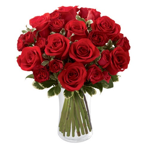 A Bouquet of Crimson Red Roses, Spray Roses and Italian Variegated Pittosporum in a Glass Gathering Vase with Card Included