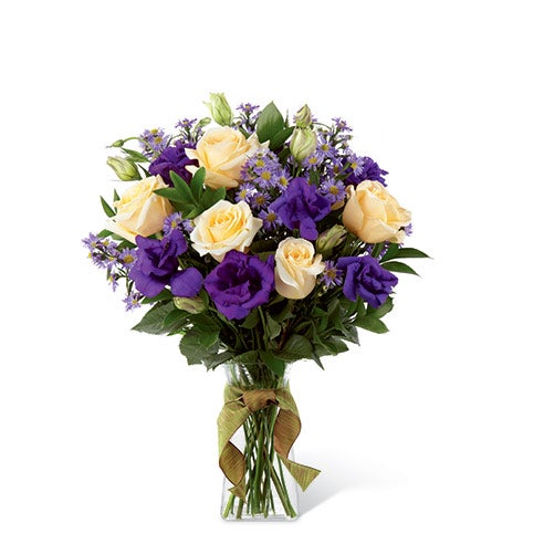 A Bouquet of Cream Roses, Royal Purple Lisianthus, and Monte Casino Asters in a Vase