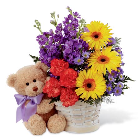 purple teddy bear with flowers