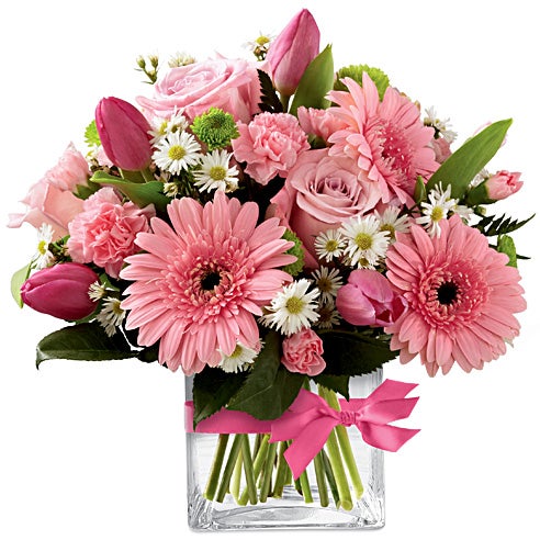  Mother's Day Flower arrangement with pink roses and pink tulips