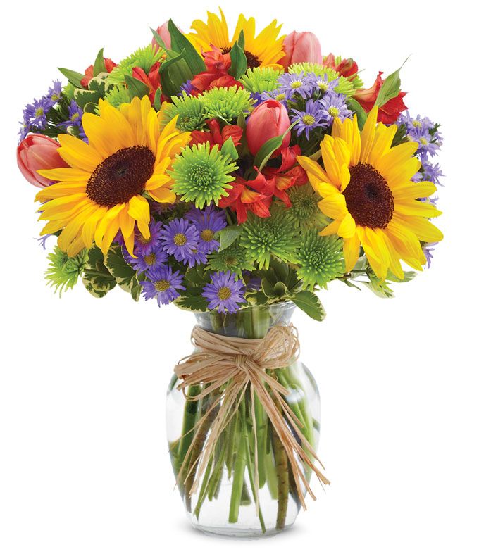 Sunflowers, green poms, tulips in a clear vase with a bow