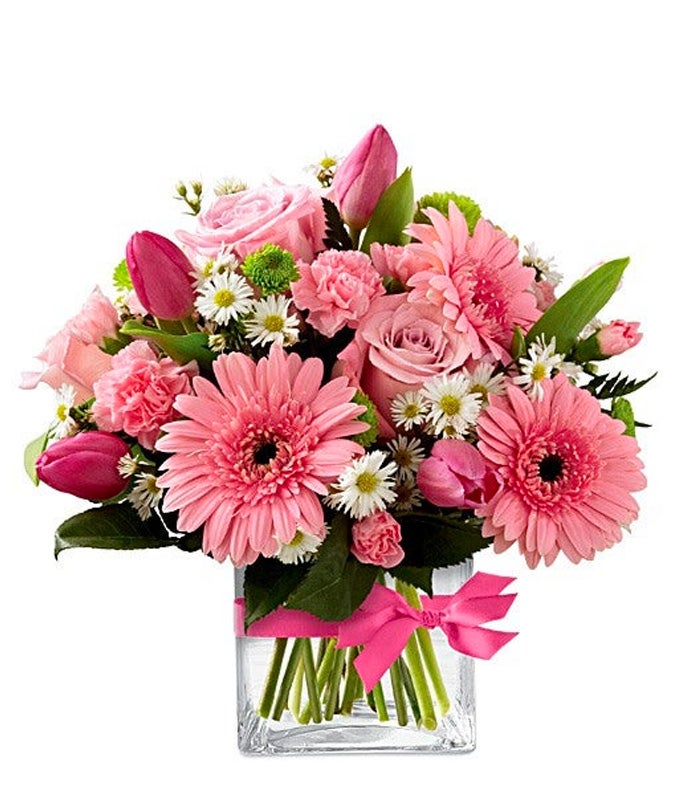 Mother's Day Flower arrangement with pink roses and pink tulips