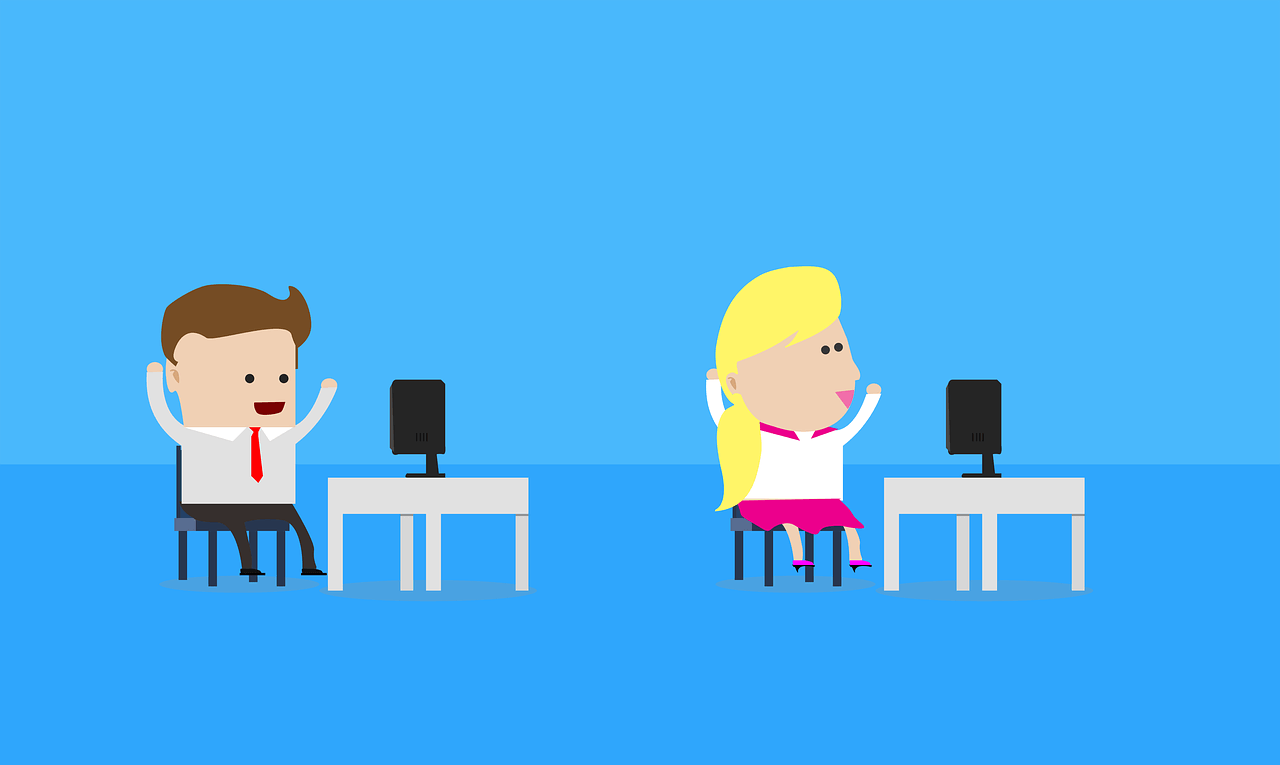 Cartoon of a man and a woman at their computers with arms raised