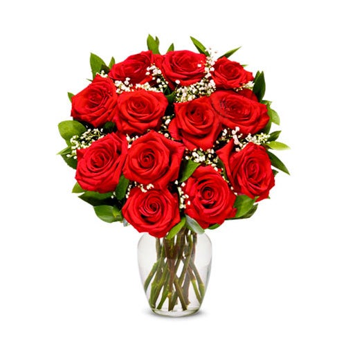 A Bouquet of 12 Pieces Long Stem Red Roses with Card Message Packaged Unless Vase Added