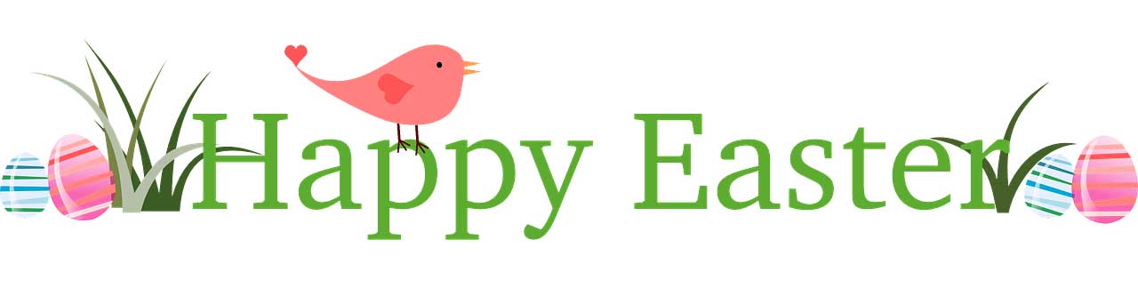 Happy Easter Banner with Pink Bird, Easter Eggs and Grasses as Design