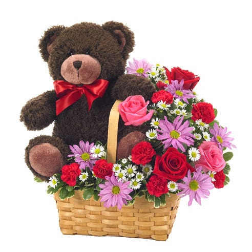 Rose and Teddy Bear Basket at Send Flowers