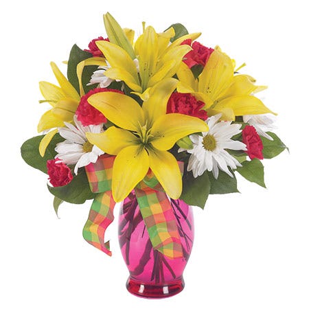 Order flowers with yellow lilies with red carnations and white daisies