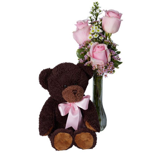 pink roses with teddy bear