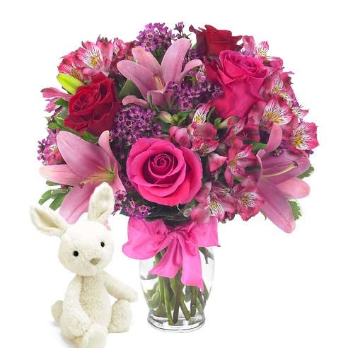 flower delivery with stuffed animal