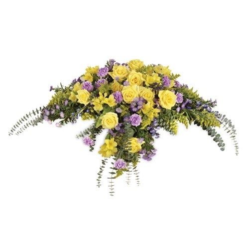 Yellow Roses, Alstroemeria & Purple Carnations Casket Spray at Send Flowers