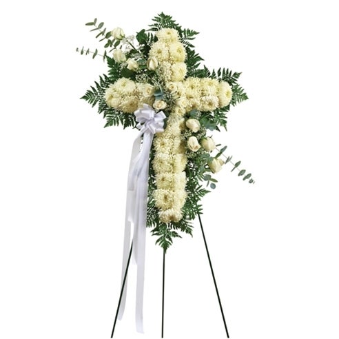 Standing Cross With Roses White Standing Cross With White Rose Break at Send Flowers