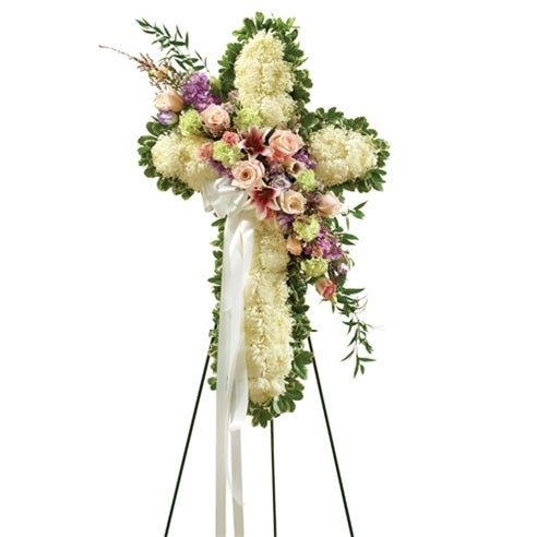 Sympathy Cross Standing Spray with White and Pastel ...