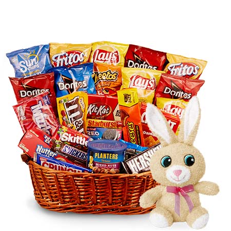 Sweet and salty Easter gifts basket with stuffed animal Easter bunny plush