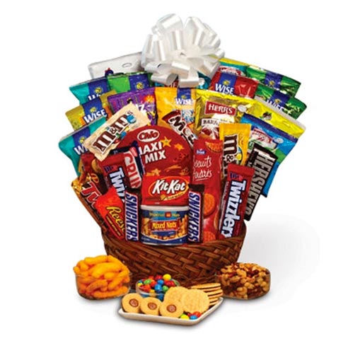 Same day holiday gift basket with candy delivery and snack delivery from send flowers com