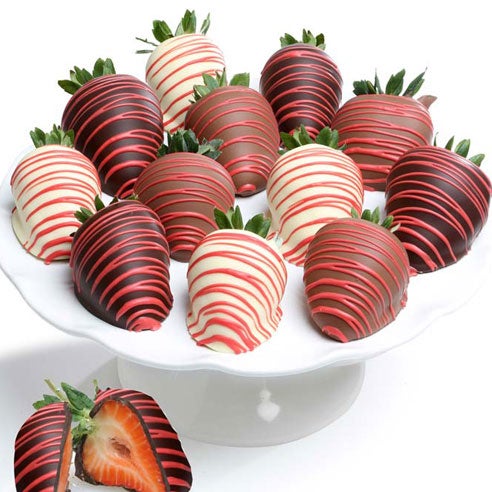 Dozen Fresh Red-Glazed Strawberries coated with Milk, White and Dark Chocolates with Decorative Red Drizzle