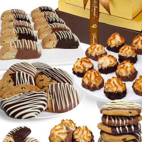 A gift box of 36 treats in total including chocolate -covered biscotti, chocolate-ship cookies, and chocolate dipped macaroons