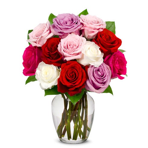 A Bouquet of Red, Pink, Lavender, White Long Stem Roses