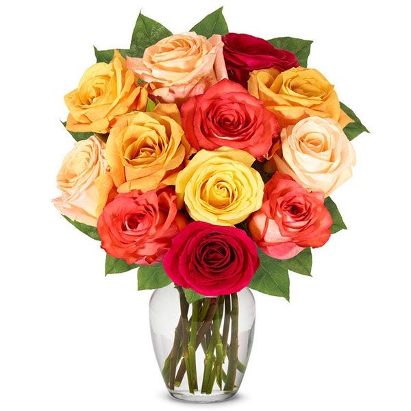 One dozen fall roses with red roses, orange roses delivered in a box