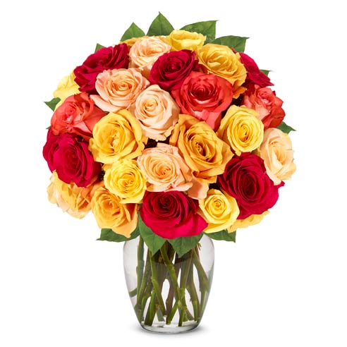 A Bouquet of  24 Pieces Roses In A Box Unless Vase is Added, including Peach Spray Roses, Coral Spray Roses,  Orange Spray Roses,  Red Spray Roses, Mixed Roses Bouquet with Free Personal Message Card
