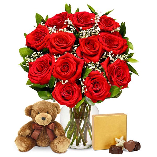 One Dozen Red Roses with Chocolates and Teddy Bear