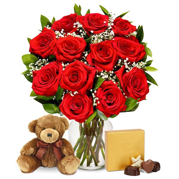 One Dozen Red Roses with Chocolates and Teddy Bear at Send Flowers