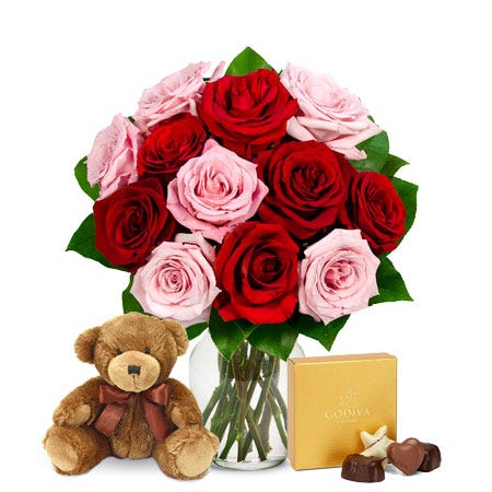 One Dozen Red & Pink Roses with Godiva Chocolates and Teddy Bear
