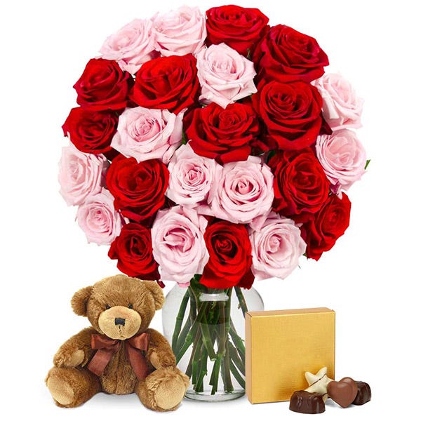 Two Dozen Red & Pink Roses with Godiva Chocolates & Teddy Bear