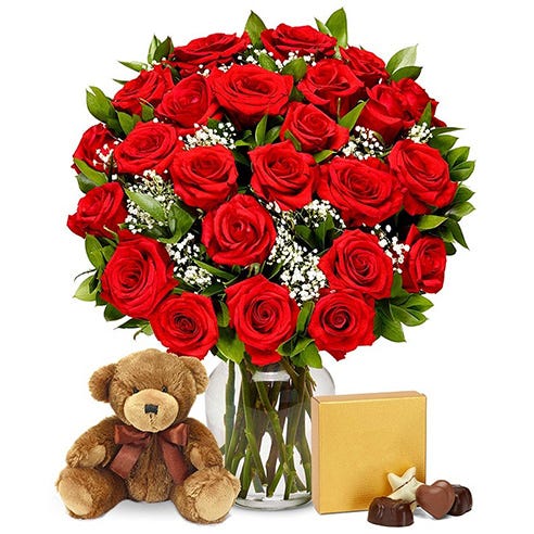 Two Dozen Long Stemmed Red Roses with Chocolates & Bear