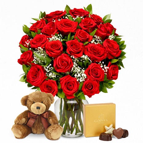 Two Dozen Red Roses with Chocolates & Teddy Bear at Send Flowers