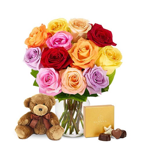 One Dozen Rainbow Roses with Teddy Bear & Chocolates