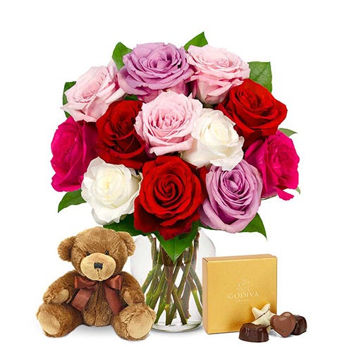 One Dozen Assorted Sweetheart Roses with Teddy Bear & Chocolates