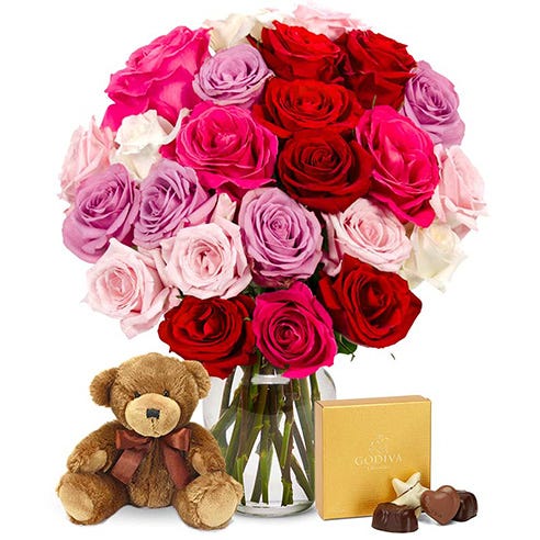 teddy with rose and chocolate