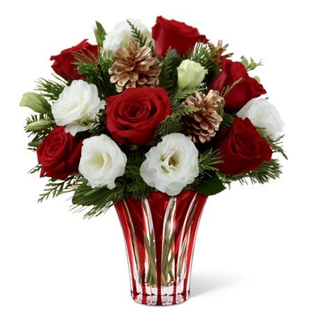 winter bouquet with red roses and white double lisianthus for same day delivery