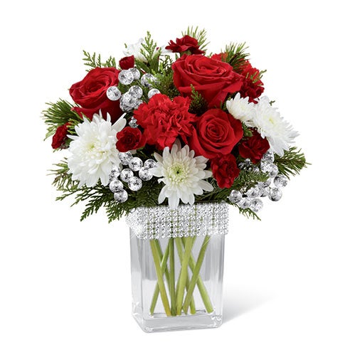 A Bouquet of Red Roses, Red Carnations, Burgundy Mini Carnations and White Chrysanthemums in a Glass Rectangular Vase With Beading