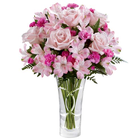 A Bouquet of Pink Roses, Hot Pink Mini Carnations, Blush Peruvian Lilies and Fresh Greens