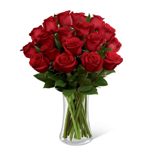 A Bouquet of  Long Stem Red Roses in a Designer Red Glass Vase with Message Card