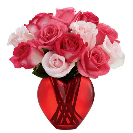 A Bouquet of Bi-Color Pink & Light-Pink Roses in a Red Glass Heart-Shaped Vase with Message Card Attached