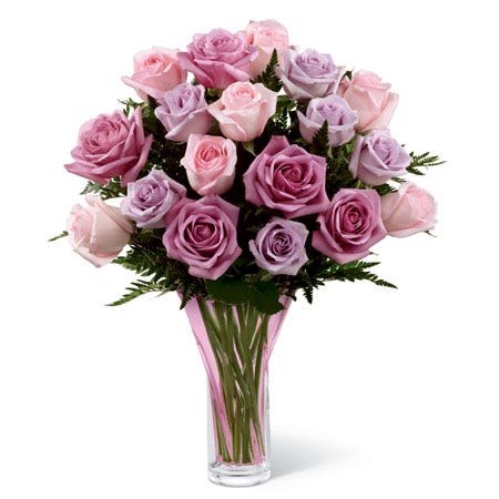 Long stem lavender rose bouquet with pink roses and purple roses for sale