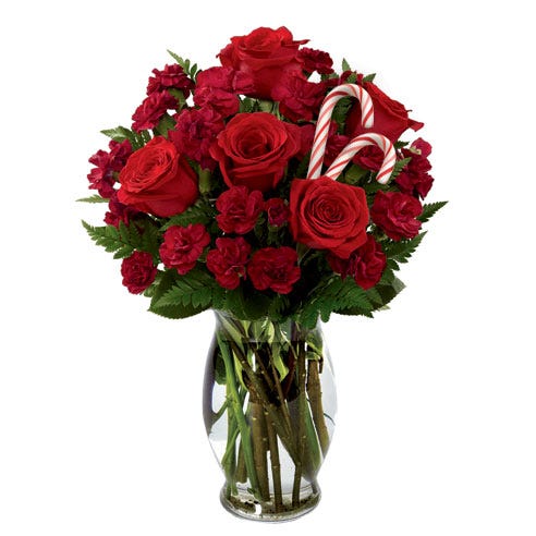 red rose delivery with candy canes in a cheap candy cane flower bouquet