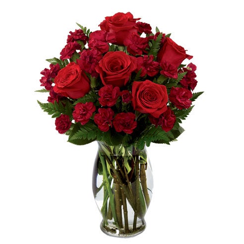 A vase of long stem red roses and maroon carnations