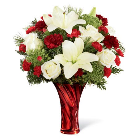 Christmas flowers and white hybrid lilies with red roses