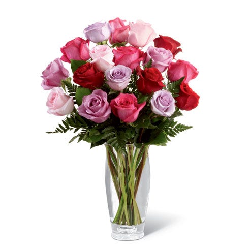 Long stem lavender, hot pink, pale pink, and red roses premium bouquet