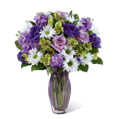 Purple roses and mixed purple carnations bouquet with lavender stock flowers