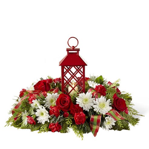 lantern centerpiece with white cushion poms, red carnations, red roses, cheap flowers for christmas flower delivery