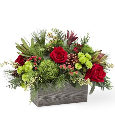 A Bouquet of Red Roses, Green Dianthus, Red Leucadendron, Green Button Poms, Red Hypericum Berries and Assorted Christmas Greens in a wooden rectangular container