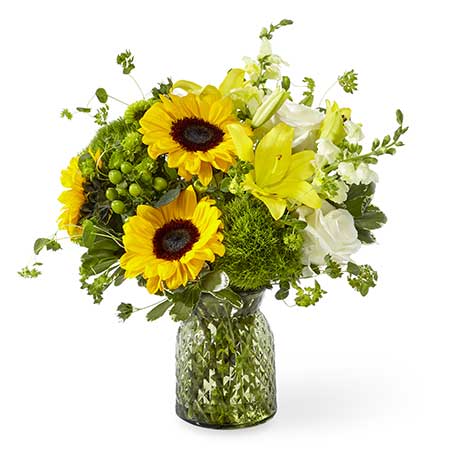 Sunflower bouquet in green flower vase