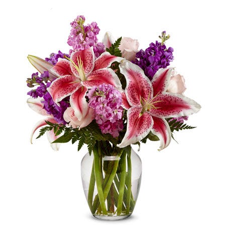 Stargazer lily delivery bouquet with purple stock and pale pink roses